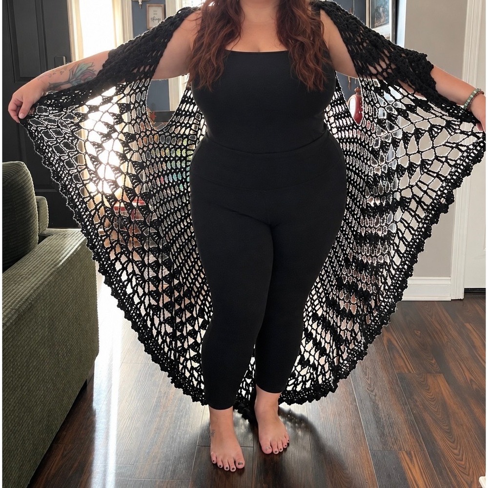 One of a Kind Handmade Crochet Black Duster Shawl Whimsical Goth Boho Witchy